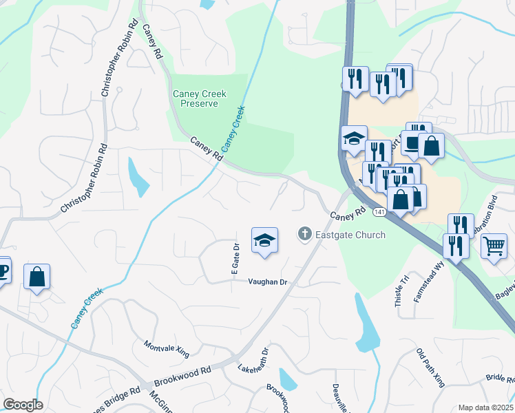 map of restaurants, bars, coffee shops, grocery stores, and more near 2905 Brookwater Drive in Cumming