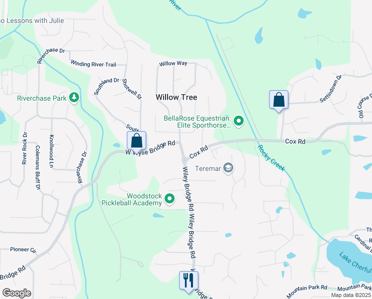 map of restaurants, bars, coffee shops, grocery stores, and more near 1142 Wiley Bridge Road in Woodstock