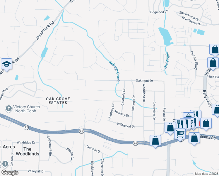 map of restaurants, bars, coffee shops, grocery stores, and more near 1544 Deerwood Lane in Acworth
