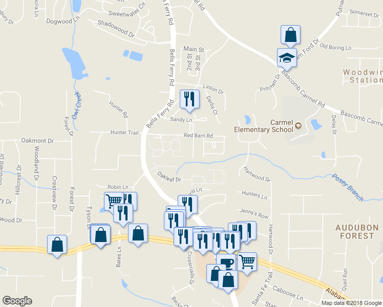 map of restaurants, bars, coffee shops, grocery stores, and more near 132 Red Barn Lane in Acworth