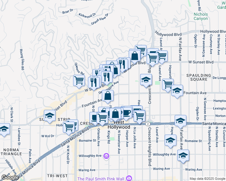 map of restaurants, bars, coffee shops, grocery stores, and more near 8340 De Longpre Avenue in West Hollywood