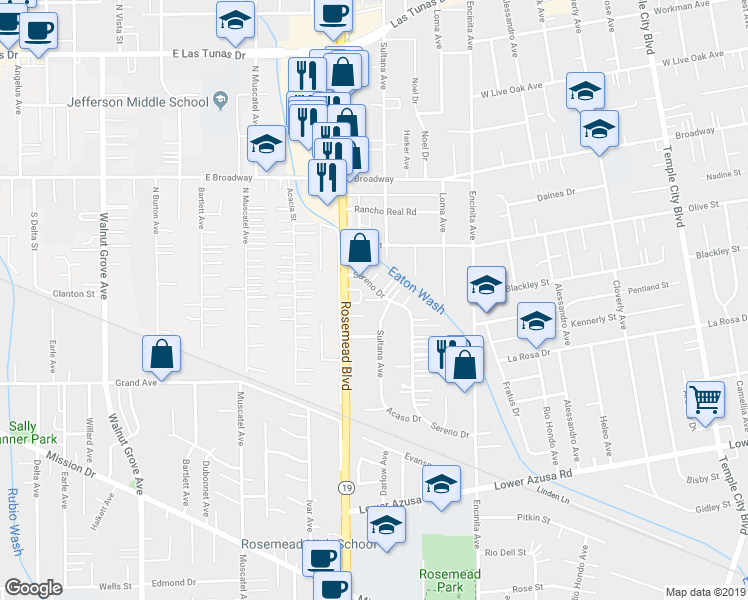 map of restaurants, bars, coffee shops, grocery stores, and more near 5223 Sereno Drive in Temple City