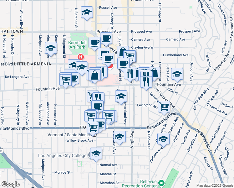 map of restaurants, bars, coffee shops, grocery stores, and more near 1266 Lyman Place in Los Angeles