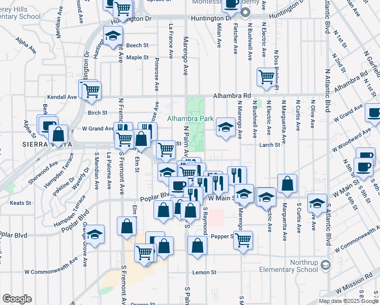 map of restaurants, bars, coffee shops, grocery stores, and more near 208 North Palm Avenue in Alhambra