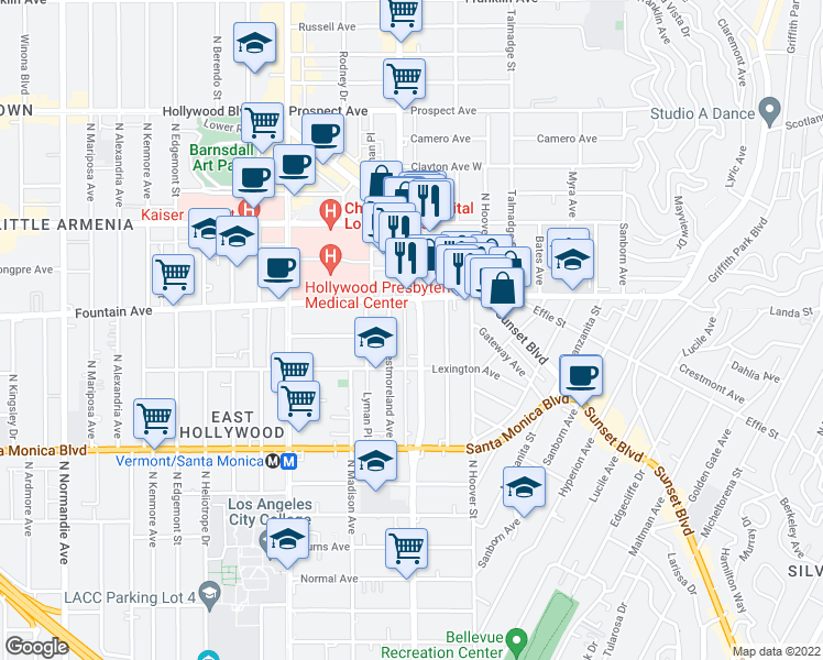 map of restaurants, bars, coffee shops, grocery stores, and more near 1255 North Virgil Avenue in Los Angeles