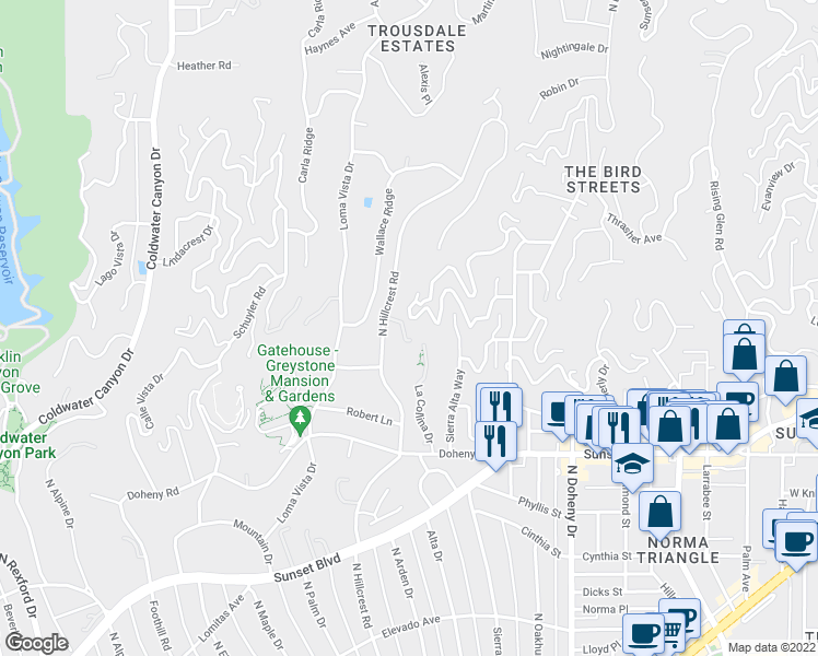map of restaurants, bars, coffee shops, grocery stores, and more near 1016 North Hillcrest Road in Beverly Hills