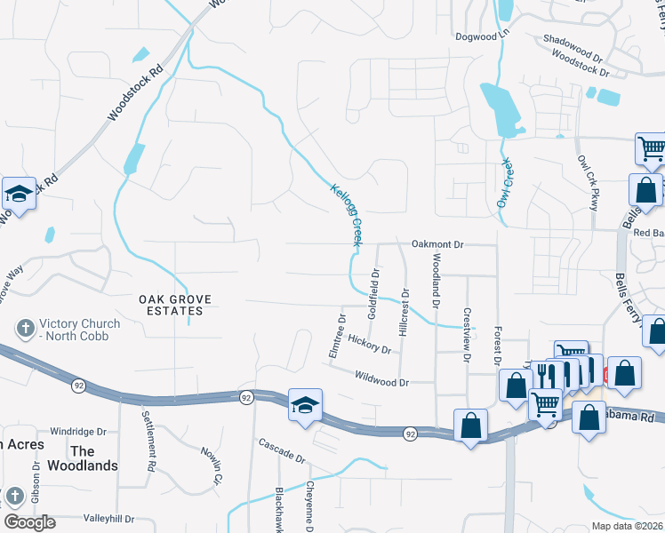 map of restaurants, bars, coffee shops, grocery stores, and more near 1544 Deerwood Ln in Acworth
