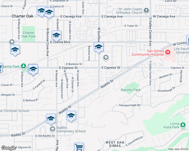 map of restaurants, bars, coffee shops, grocery stores, and more near 831 North Sunflower Avenue in Covina