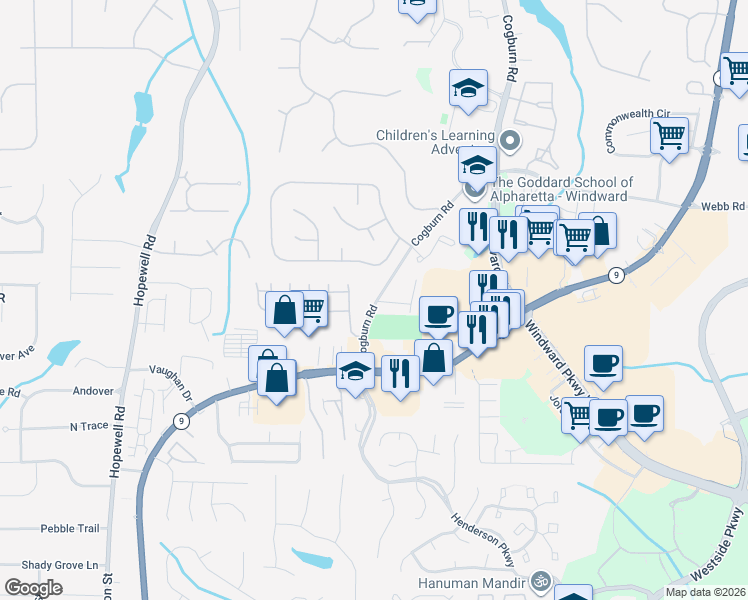 map of restaurants, bars, coffee shops, grocery stores, and more near 2810 Cogburn Pointe in Alpharetta