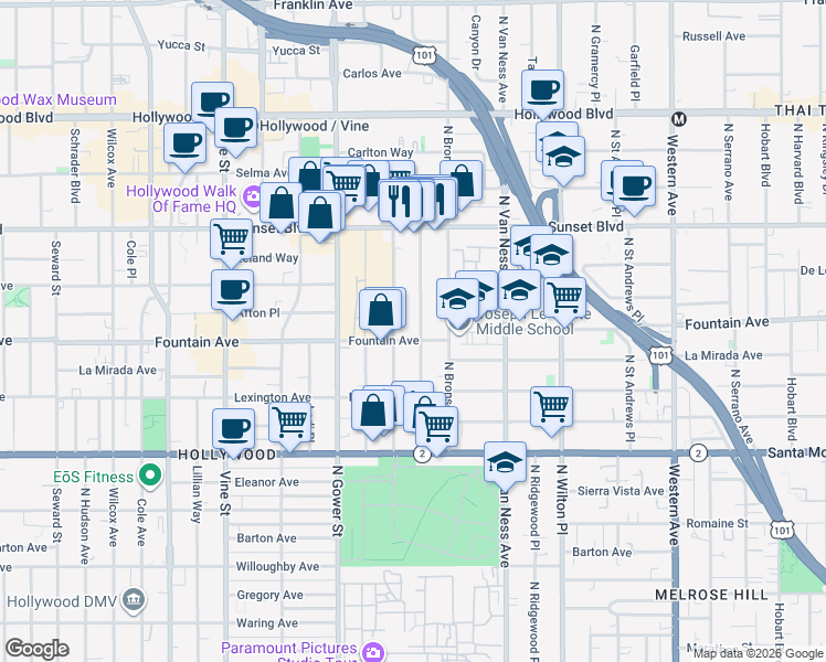 map of restaurants, bars, coffee shops, grocery stores, and more near 1307 Tamarind Avenue in Los Angeles