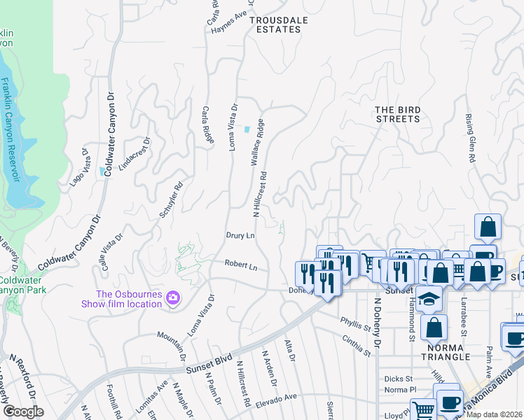 map of restaurants, bars, coffee shops, grocery stores, and more near 1012 North Hillcrest Road in Beverly Hills