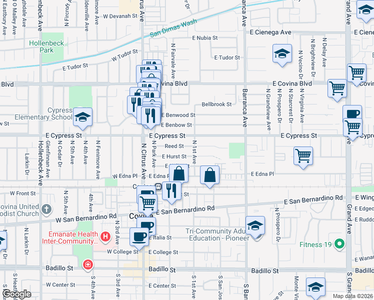 map of restaurants, bars, coffee shops, grocery stores, and more near 262 Reed Street in Covina