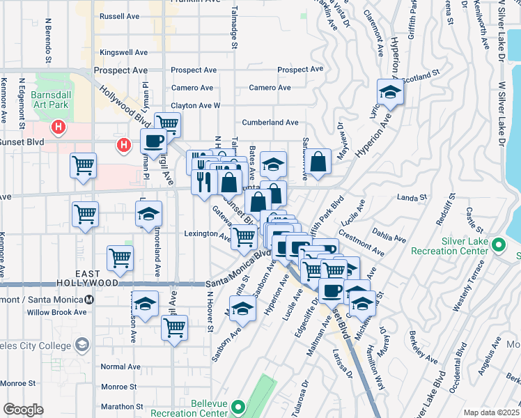 map of restaurants, bars, coffee shops, grocery stores, and more near 1185 Myra Avenue in Los Angeles