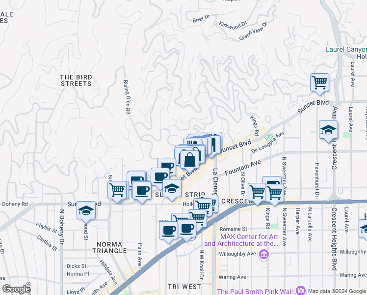 map of restaurants, bars, coffee shops, grocery stores, and more near 1344 Londonderry Place in Los Angeles