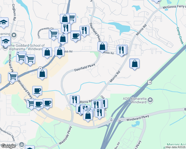 map of restaurants, bars, coffee shops, grocery stores, and more near 12877 Deer Park Lane in Alpharetta