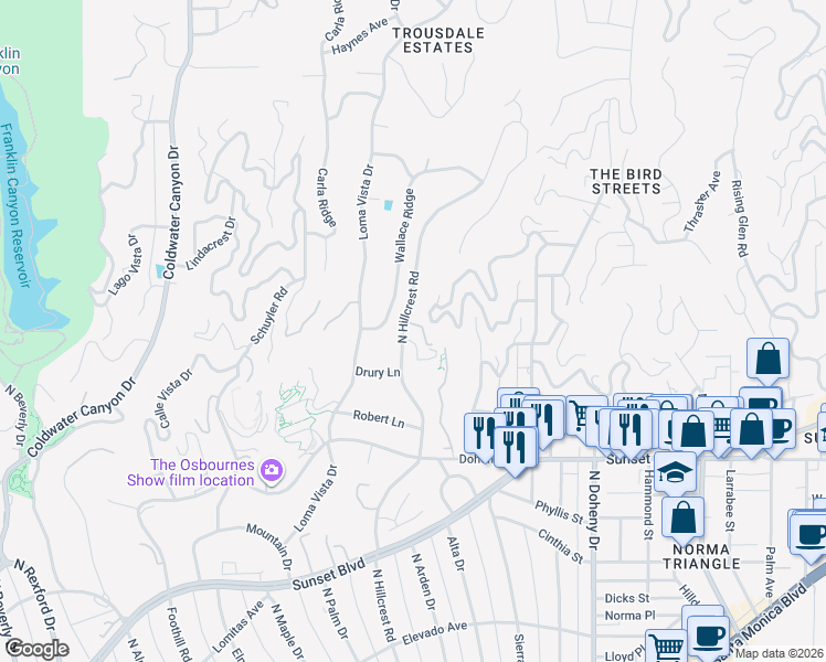 map of restaurants, bars, coffee shops, grocery stores, and more near 1012 North Hillcrest Road in Beverly Hills