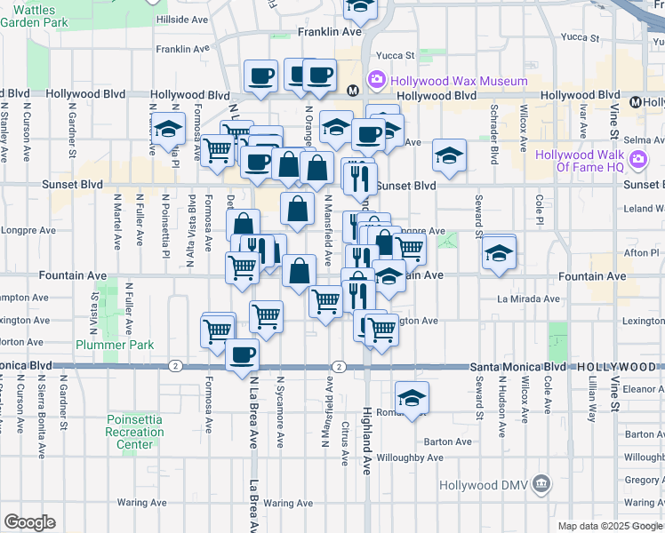 map of restaurants, bars, coffee shops, grocery stores, and more near 1317 North Mansfield Avenue in Los Angeles
