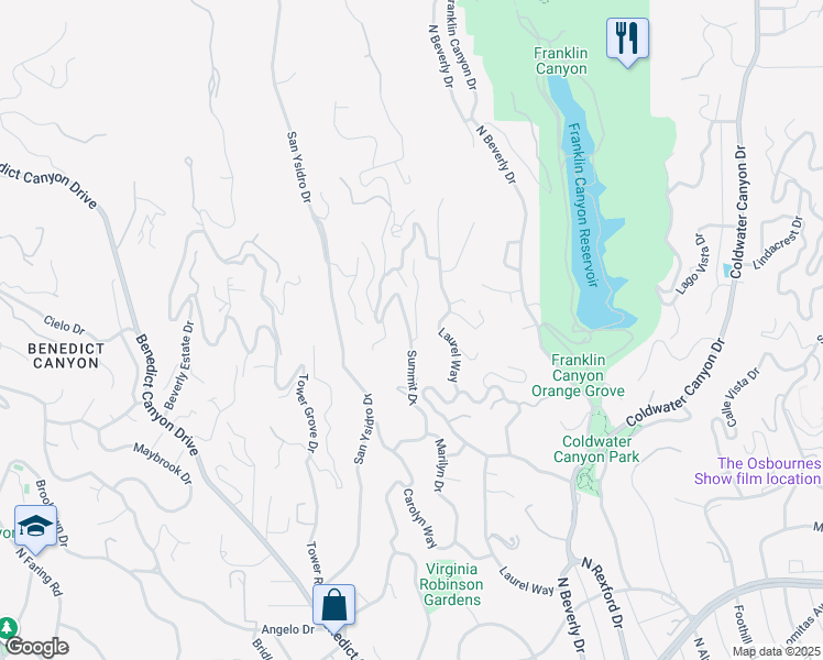 map of restaurants, bars, coffee shops, grocery stores, and more near 1306 Summitridge Drive in Beverly Hills
