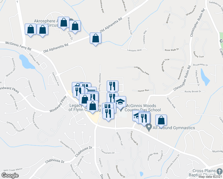map of restaurants, bars, coffee shops, grocery stores, and more near 5315 Plymouth Place in Alpharetta