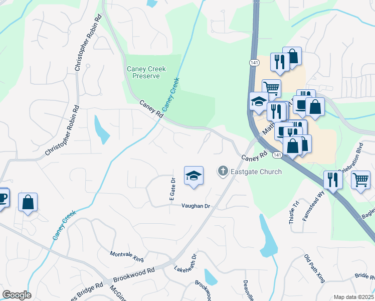 map of restaurants, bars, coffee shops, grocery stores, and more near 2905 Brookwater Drive in Cumming