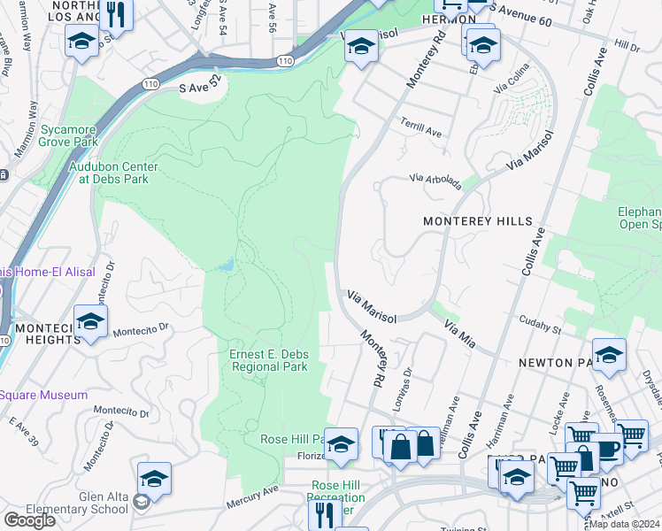 map of restaurants, bars, coffee shops, grocery stores, and more near 4049 Monterey Road in Los Angeles