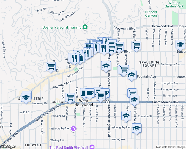 map of restaurants, bars, coffee shops, grocery stores, and more near in West Hollywood