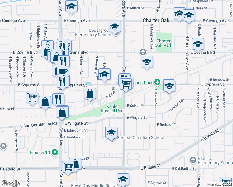 map of restaurants, bars, coffee shops, grocery stores, and more near 1267 E Edna Pl in Covina