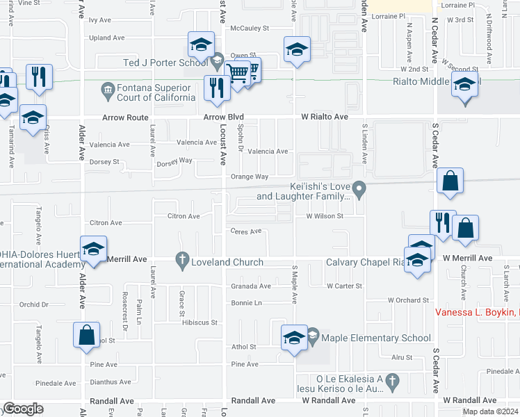 map of restaurants, bars, coffee shops, grocery stores, and more near 8787 Locust Avenue in Fontana