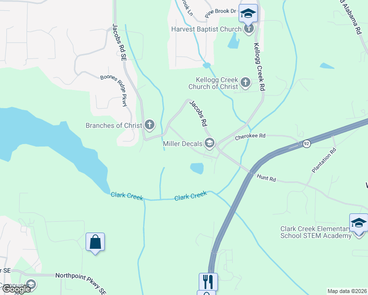 map of restaurants, bars, coffee shops, grocery stores, and more near 3665 James Road in Acworth