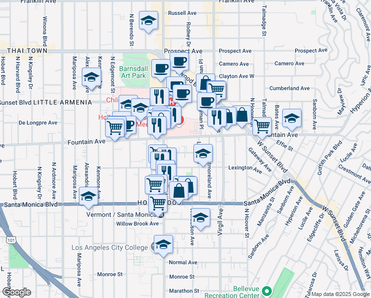 map of restaurants, bars, coffee shops, grocery stores, and more near 4633 La Mirada Avenue in Los Angeles