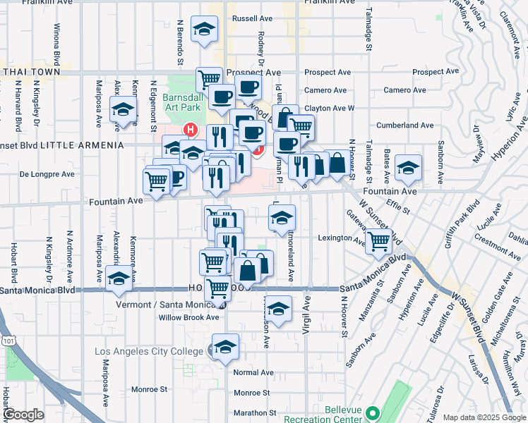 map of restaurants, bars, coffee shops, grocery stores, and more near 4611 La Mirada Avenue in Los Angeles