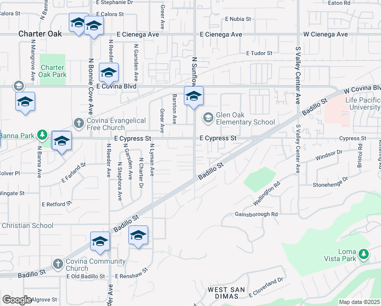 map of restaurants, bars, coffee shops, grocery stores, and more near 831 North Sunflower Avenue in Covina