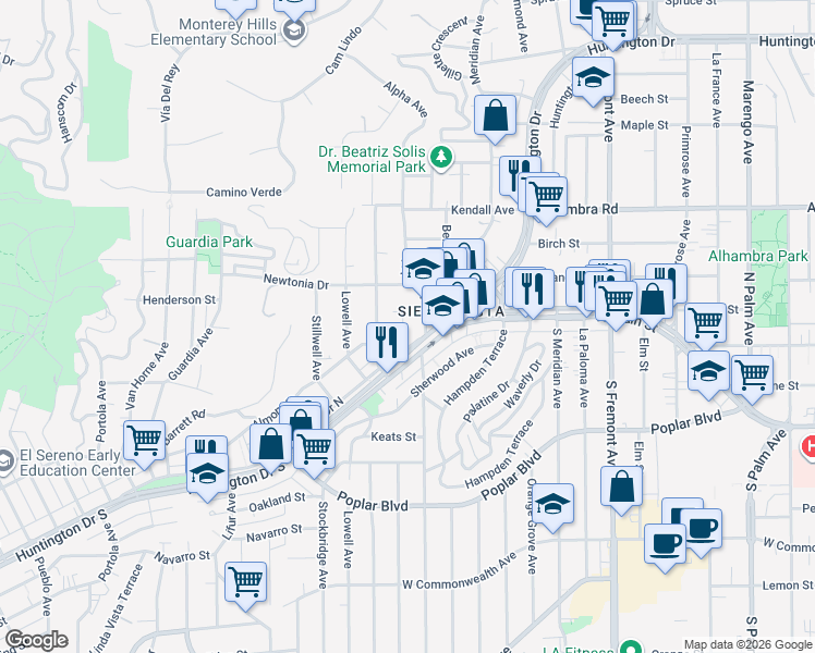 map of restaurants, bars, coffee shops, grocery stores, and more near 4322 Winchester Avenue in Los Angeles