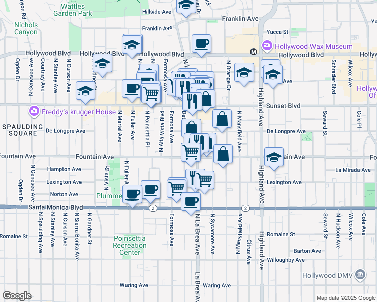 map of restaurants, bars, coffee shops, grocery stores, and more near 1319 North Detroit Street in Los Angeles