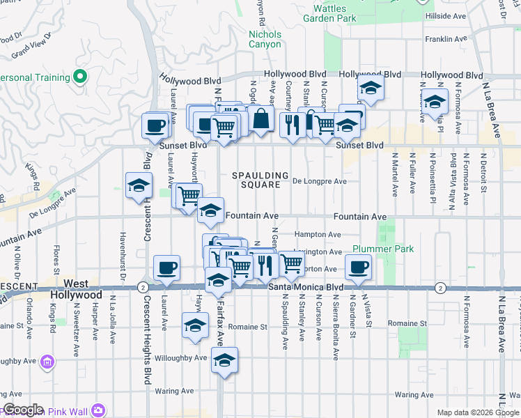 map of restaurants, bars, coffee shops, grocery stores, and more near 1308 North Ogden Drive in West Hollywood