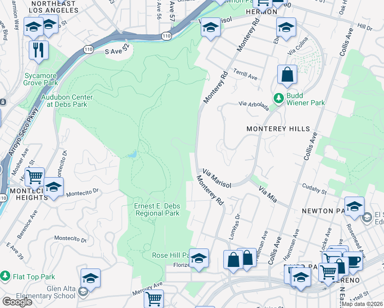 map of restaurants, bars, coffee shops, grocery stores, and more near 4049 Monterey Road in Los Angeles