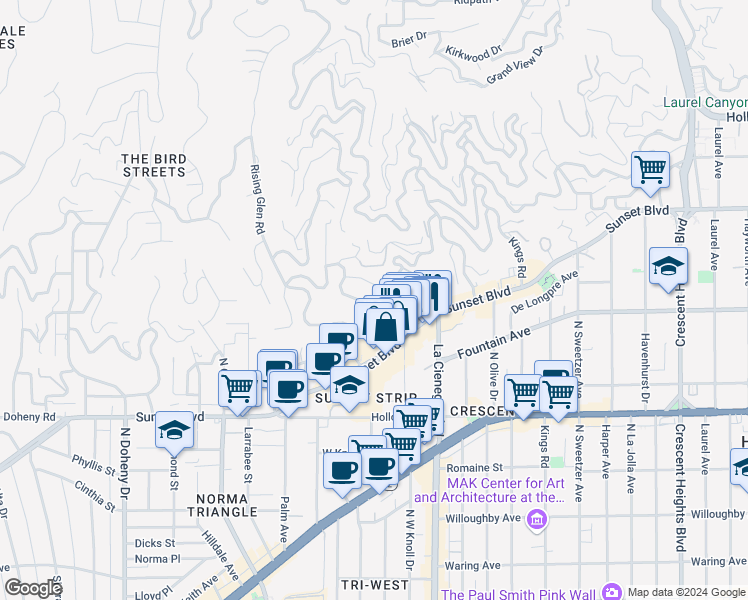 map of restaurants, bars, coffee shops, grocery stores, and more near 1344 Londonderry Place in Los Angeles
