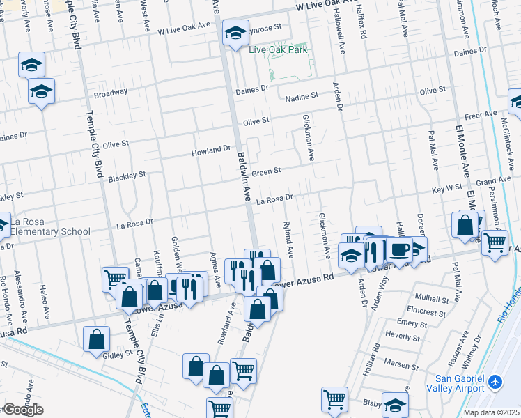 map of restaurants, bars, coffee shops, grocery stores, and more near 10018 La Rosa Drive in Temple City