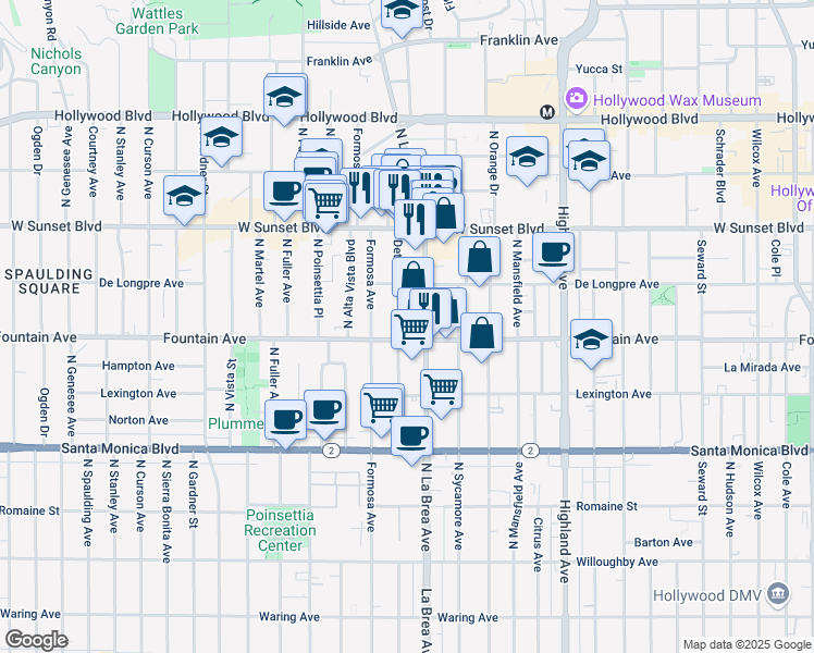 map of restaurants, bars, coffee shops, grocery stores, and more near 1310 North Detroit Street in Los Angeles