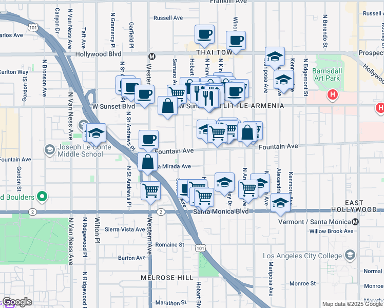 map of restaurants, bars, coffee shops, grocery stores, and more near 5326 Fountain Avenue in Los Angeles