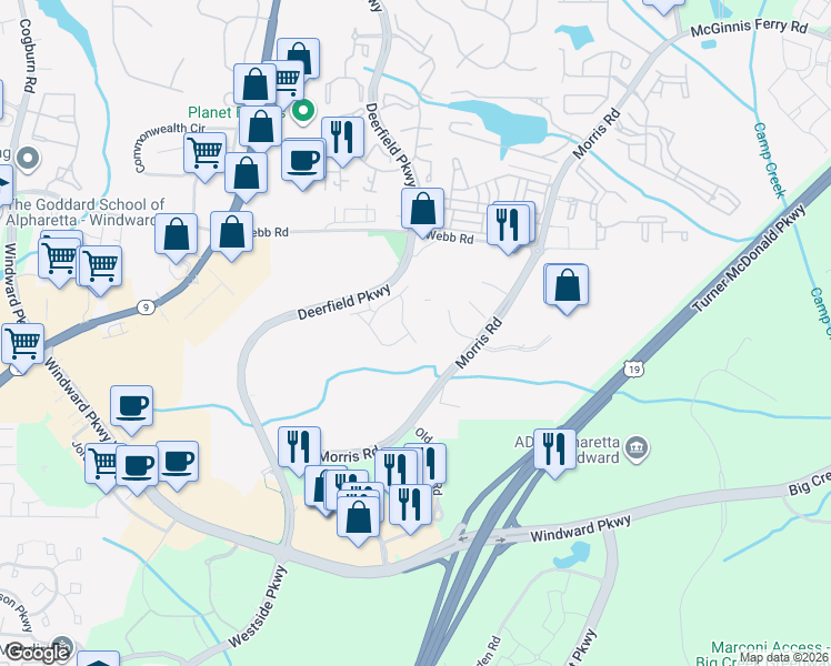 map of restaurants, bars, coffee shops, grocery stores, and more near 12793 Doe Drive in Alpharetta