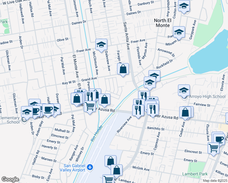 map of restaurants, bars, coffee shops, grocery stores, and more near 4800 Daleview Avenue in El Monte