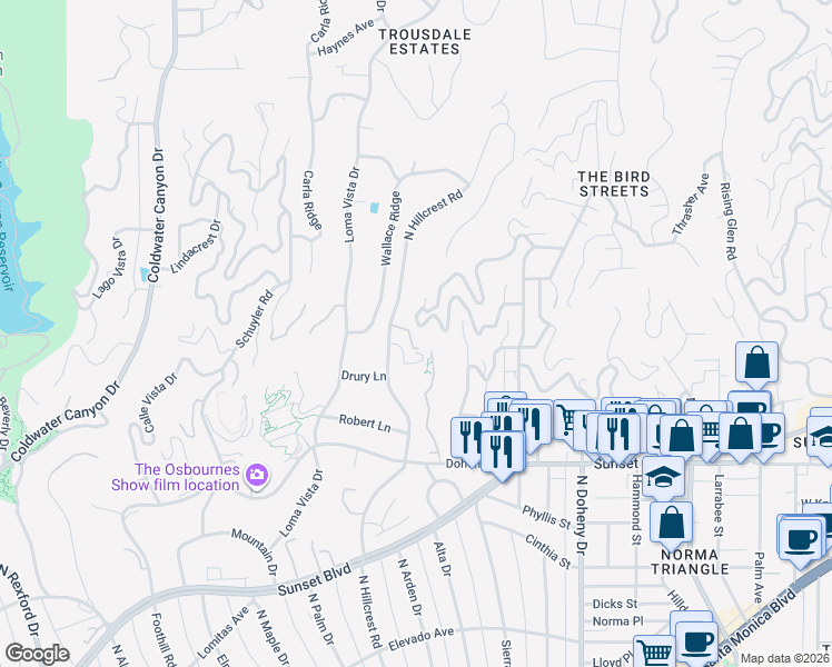 map of restaurants, bars, coffee shops, grocery stores, and more near 1016 North Hillcrest Road in Beverly Hills