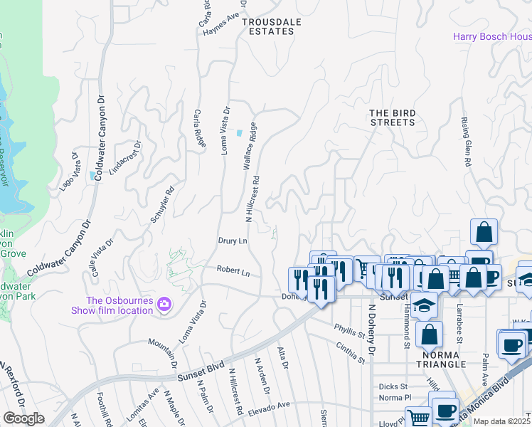 map of restaurants, bars, coffee shops, grocery stores, and more near 1016 North Hillcrest Road in Beverly Hills