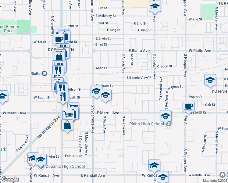 map of restaurants, bars, coffee shops, grocery stores, and more near 426 East South Street in Rialto