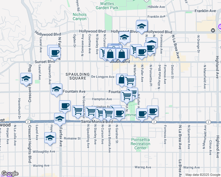 map of restaurants, bars, coffee shops, grocery stores, and more near 1325 North Sierra Bonita Avenue in West Hollywood