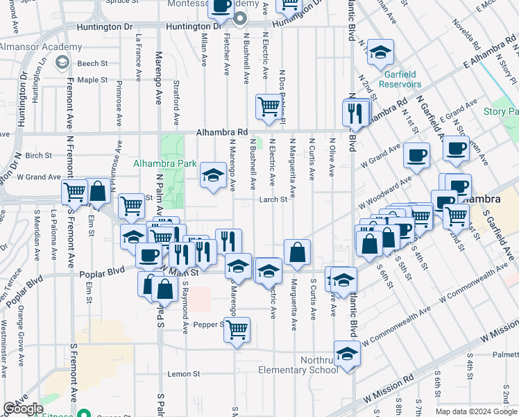 map of restaurants, bars, coffee shops, grocery stores, and more near 218 North Bushnell Avenue in Alhambra