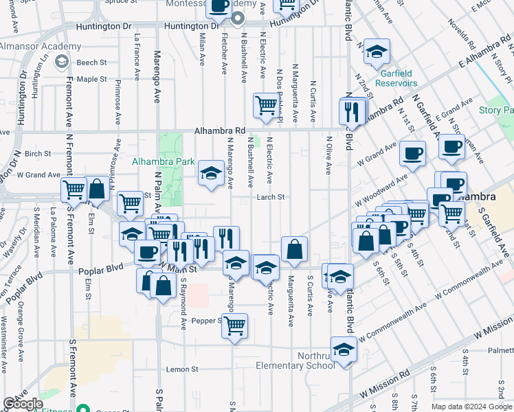 map of restaurants, bars, coffee shops, grocery stores, and more near 218 North Bushnell Avenue in Alhambra