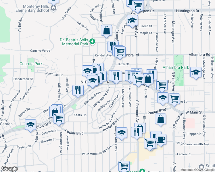 map of restaurants, bars, coffee shops, grocery stores, and more near 3000 West Main Street in Alhambra