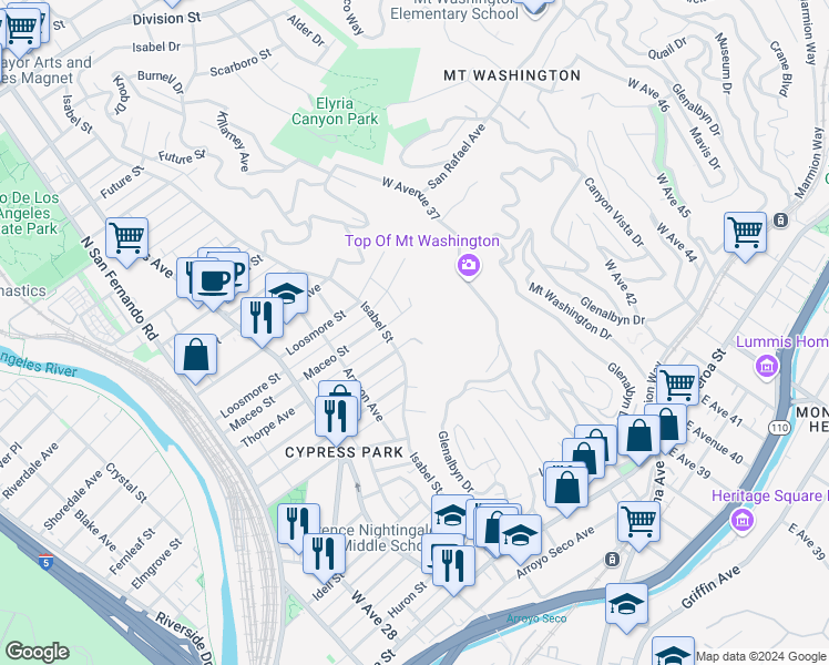 map of restaurants, bars, coffee shops, grocery stores, and more near 3525 West Thorpe Avenue in Los Angeles